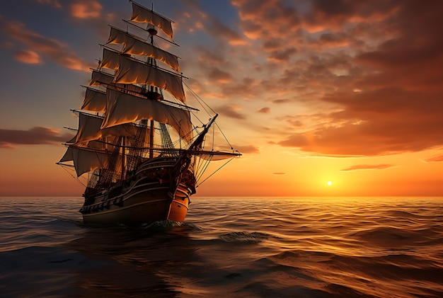 sailship on the sea with sunset