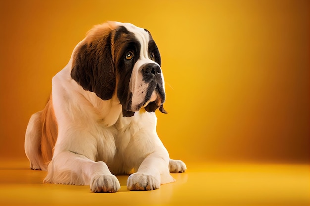 Saint Bernand dog sitting on a yellow background