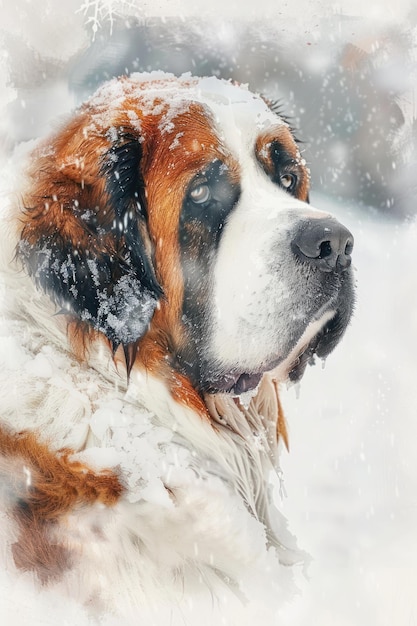 Saint Bernard Dog in Snowy Landscape