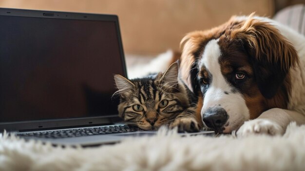 Photo saint bernard puppy with tabby cat in front of a laptop generative ai