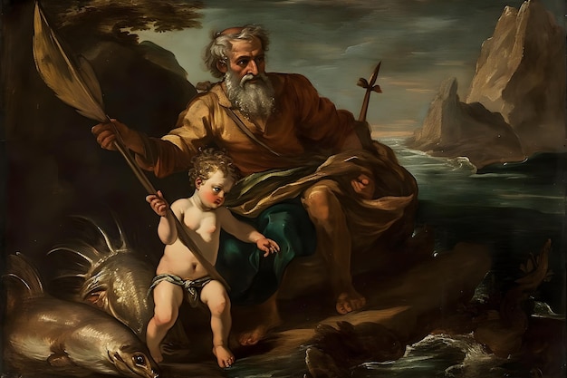 Saint Christopher painting illustration Generative Ai St Christopher