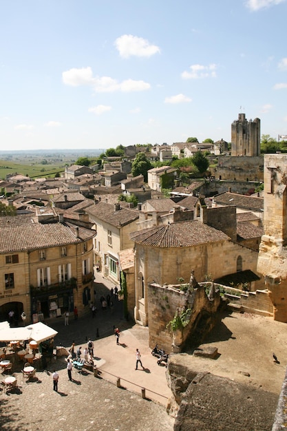 Saint Emilion , Aquitaine / France - 10 23 2019 : Beautiful cityscape view on Saint Emilion village in Bordeaux region during the sunset in France