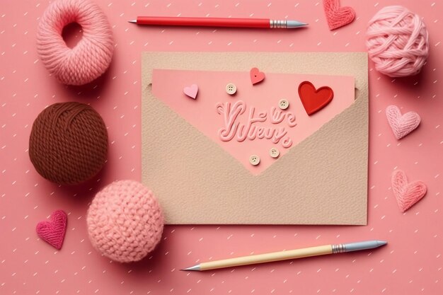 Святая поздравительная открытка с любовным посланием Конверт вязаный и бумажные красные сердца на розовом фоне сверху