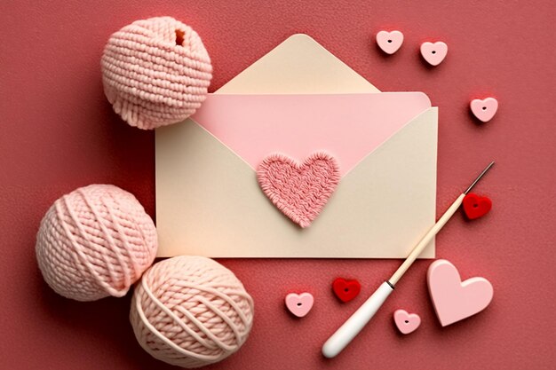 Saint greeting card with love message Envelope knitted and paper red hearts on pink background top
