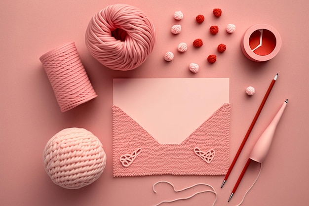 Святая поздравительная открытка с любовным посланием Конверт вязаный и бумажные красные сердца на розовом фоне сверху