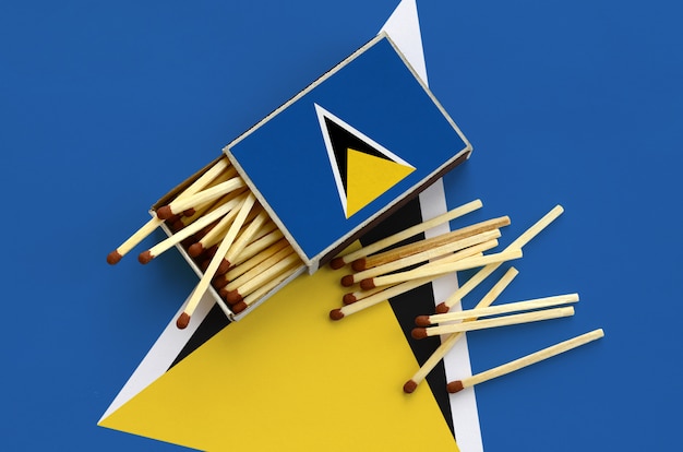 Saint Lucia flag  is shown on an open matchbox, from which several matches fall and lies on a large flag