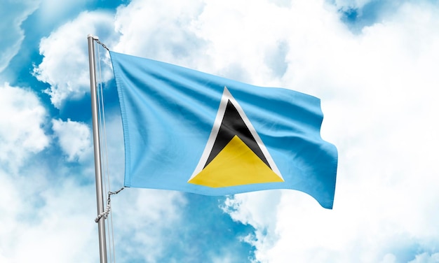 Saint Lucia flag waving on sky background 3D Rendering