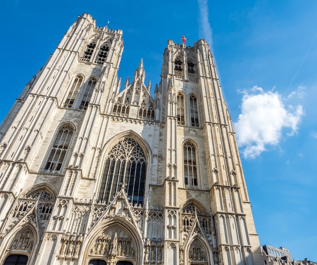 Saint Michael and Saint Gudule Cathedral in Brussels Belgium under cloudy blue sky