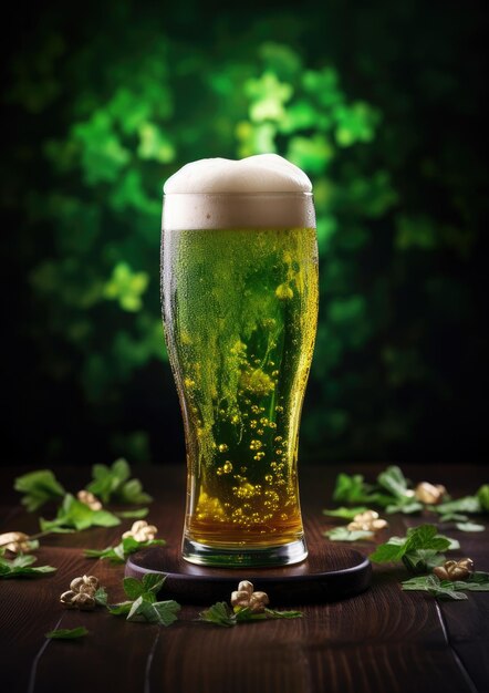 Foto saint patrick groen bier met kruidnagel op donkere achtergrond generatieve ai