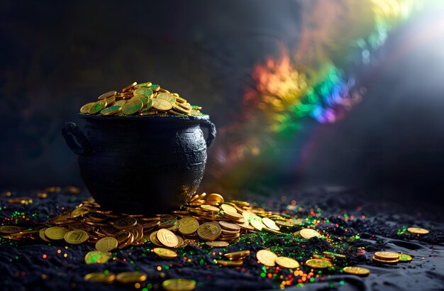 Saint Patrick pot with gold coins and rainbow