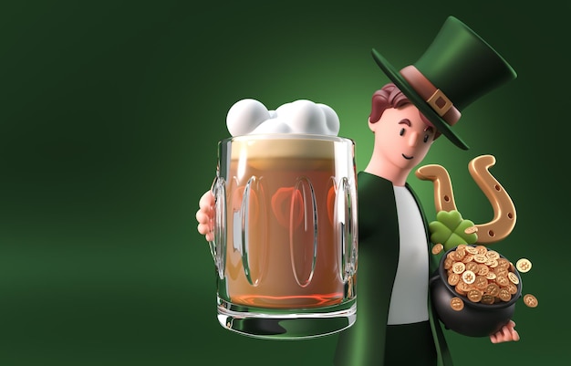 Foto illustrazione 3d della birra del giorno di san patrizio