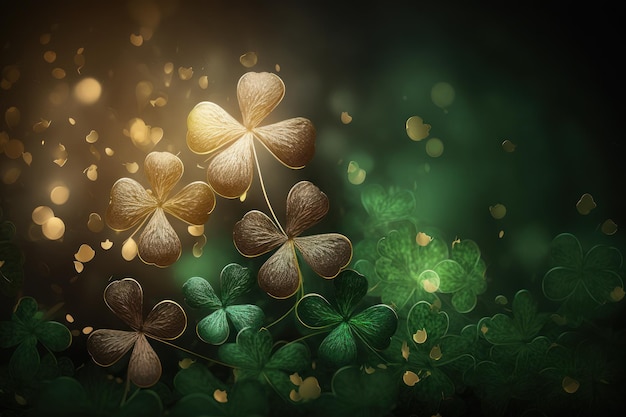 Saint Patrick's Day Green and Gold Clover Background with Bokeh.