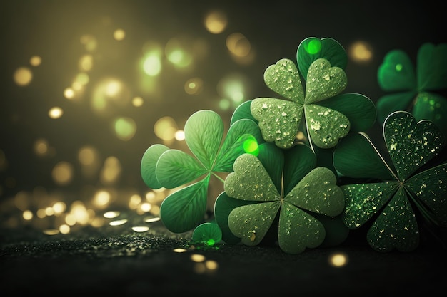 Saint Patrick's Day Green and Gold Clover Background with Bokeh