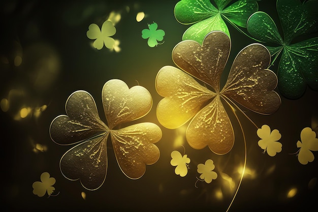 Saint Patrick's Day Green and Gold Clover Background with Bokeh