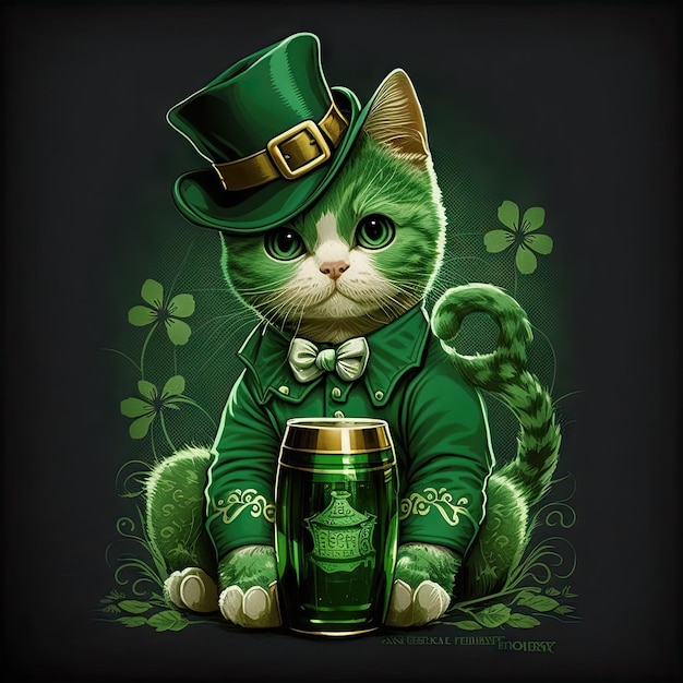 Saint Patrick's Day kat in groene hoed en shamrock bladeren ai gegenereerd illustratie Leuk kitten en bloemen lantaarn lamp en grappig dier in kostuum met een boog lente dier