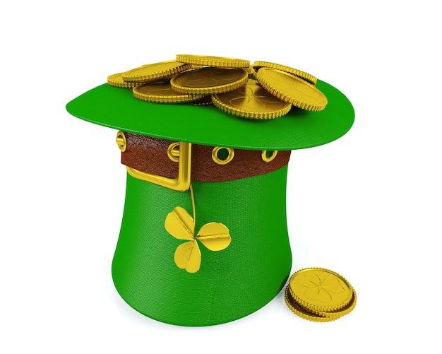 Шляпа Лепрекона Дня Святого Патрика с золотыми монетами, 3D-рендеринг