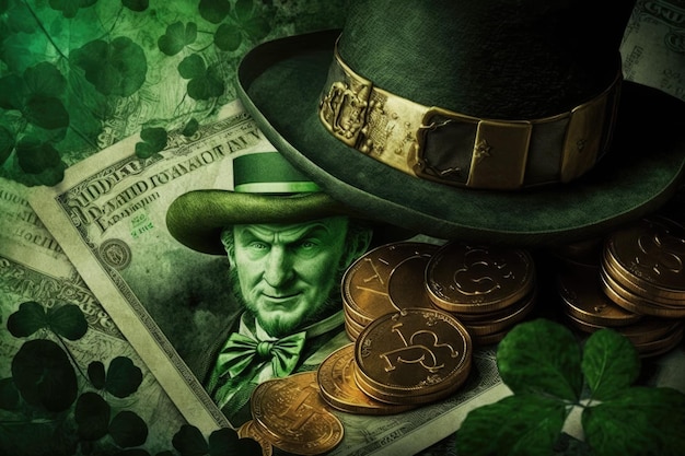 Saint Patrick's Day wallpaper with green shamrocks clover, Leprechaun, Green Hat and Money