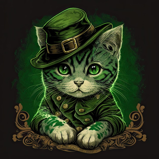 写真 サン・パトリック・デー (saint patrick's day) 緑色の衣装を着た猫と帽子をかぶったイラスト可愛い動物の肖像画面白い子猫とフレームの春の動物サン・パトリックのグリーティングカード