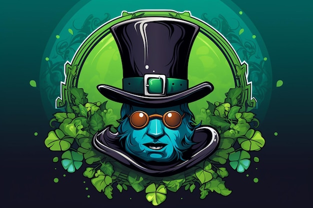 Saint patricks day design with top hat and clover leaf on green background