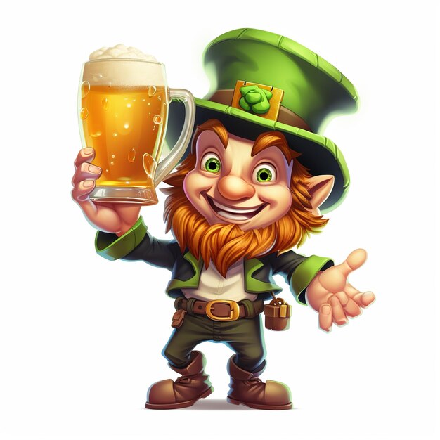 Saint Patricks Day elf leprechaun with beer Mug glass of ale Generative ai