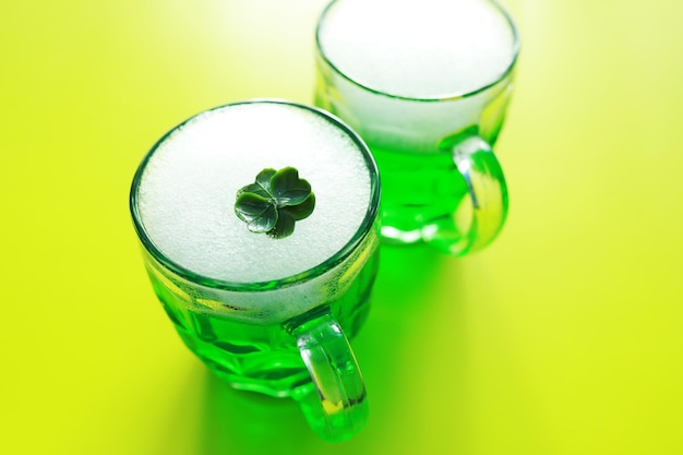 Saint patricks day holiday national irish holiday green beer\
hand with a mug of emerald beer in a bar