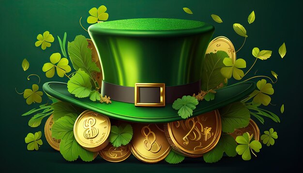 Saint Patricks Day illustratie Ierse groene hoed met gouden munten en klaver generatieve AI