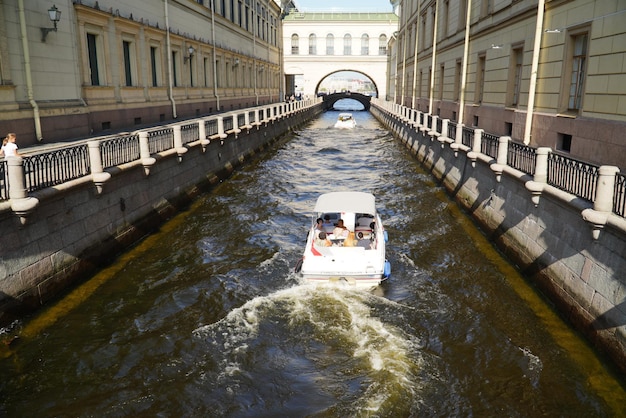 Saint Petersburg Russia August 20 2022 the boat goes through the canal in St Petersburg