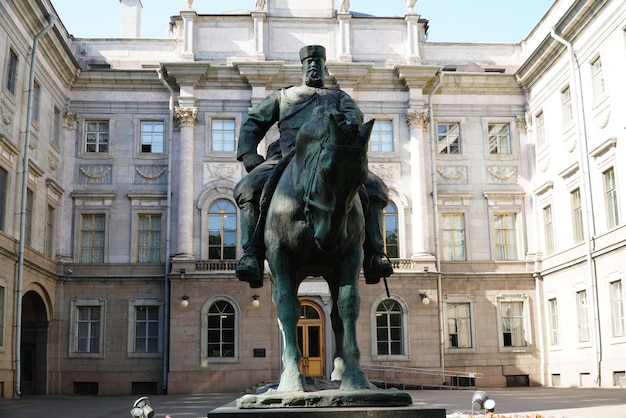 Saint Petersburg Russia August 20 2022 Monument to Emperor Alexander III in front of Marble Palace in St Petersburg