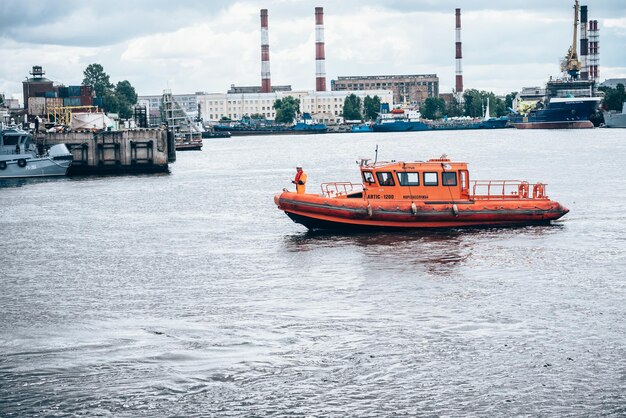 Saint Petersburg Russia July 30 2019 the Doctrine on liquidation of oil spill in the sea port Rescue service at work