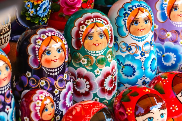 Saint Petersburg Russia Traditional handicraft wooden souvenirs at street gift store