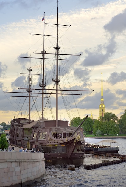 Saint Petersburg Russia09032020 Sailboat on Mytninskaya embankment Cafe flying Dutchman