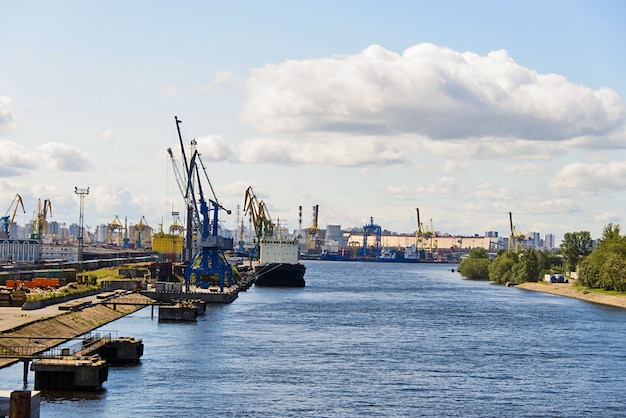 Saint-Petersburg sea port with vessel moored