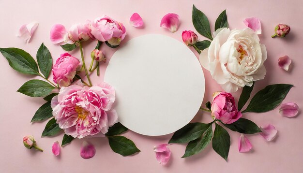 Фото Концепция дня святого валентина сверху фото белого пустого круга и весенних цветов розового цвета