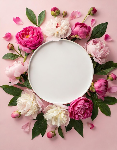 Saint Valentine's Day concept Top view photo of white empty circle and spring flowers pink