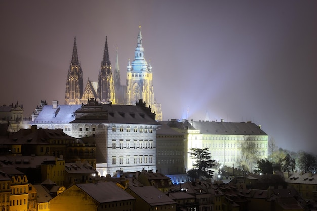 Saint Vitus Cathedral Snowy atmosphere during winter night Unesco Prague Czech republic