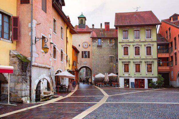 Sainte-Claire gate with clock tower and Place Sainte-Claire in Old Town of Annecy, France