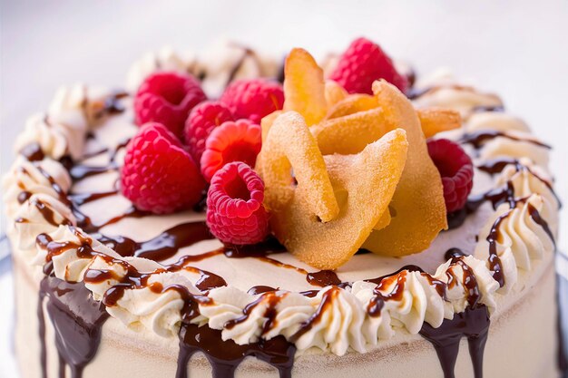 Foto torta sainthonore con cioccolato a panna montata e lamponi