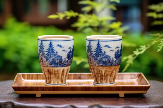 Sake cups on wooden tray with garden backdrop created with generative ai