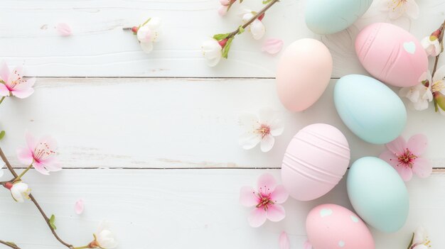 Foto sakura bloesem witte gelukkige paaseieren op witte hout lente achtergrond