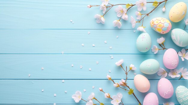 桜の花色とりどりのイースターエッグ - 木製の青い春の背景
