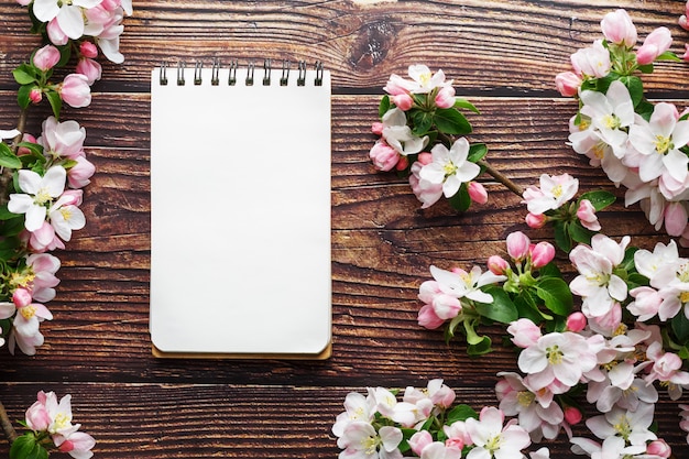 Sakura blossoms on dark rustic wooden background with a notebook. Spring background with blossoming apricot branches and cherry branches