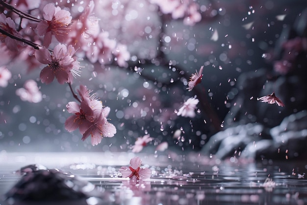 Sakura blossoms falling in a zen garden octane ren