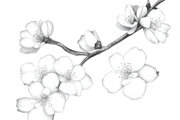 Ветка сакуры в черно-белых тонах имитация весеннего рисунка карандашом