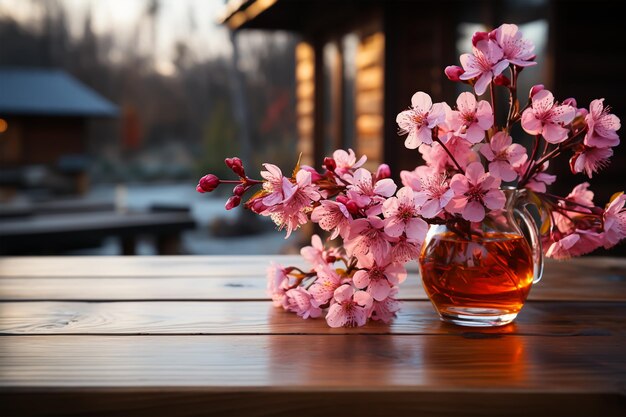 Sakura cherry blossom branch in ceramic vase on table beige wall background