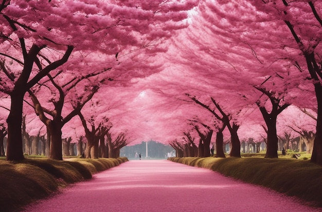Sakura Cherry blossoming alley Wonderful scenic park with rows of blooming cherry sakura trees