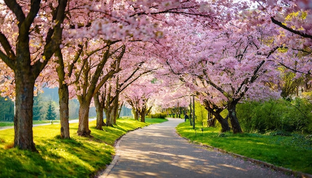 Цветение вишни Сакура создает очаровательную аллею