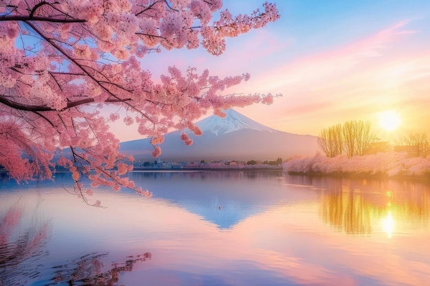 Sakura Cherry blossoms or Sakura and Mountain Fuji at the river in the morning