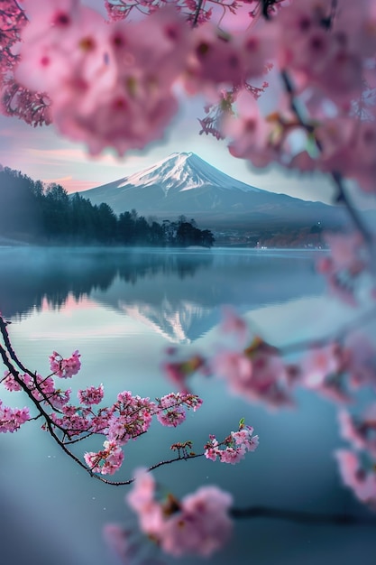 Цветение вишни Сакура с горой Фудзи на заднем плане