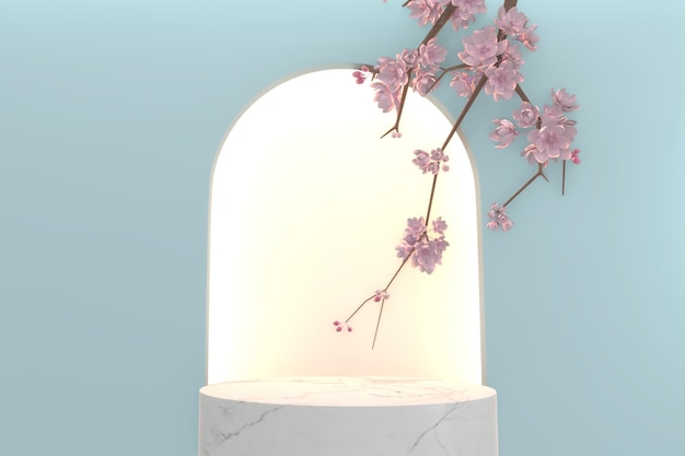 Sakura-decoratie en wit granietpodium op cyaanachtergrond