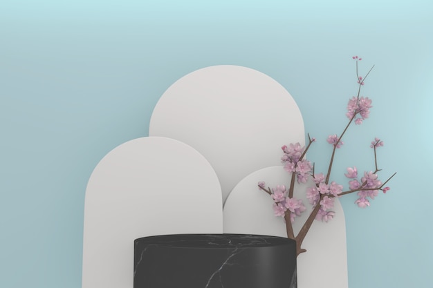 Decorazione sakura e design del podio in granito nero su sfondo azzurro